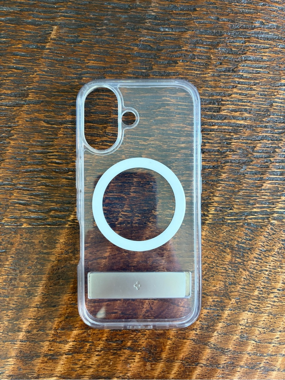 Spigen Clear iPhone 16 Case with White MagSafe Ring and Silver Kickstand